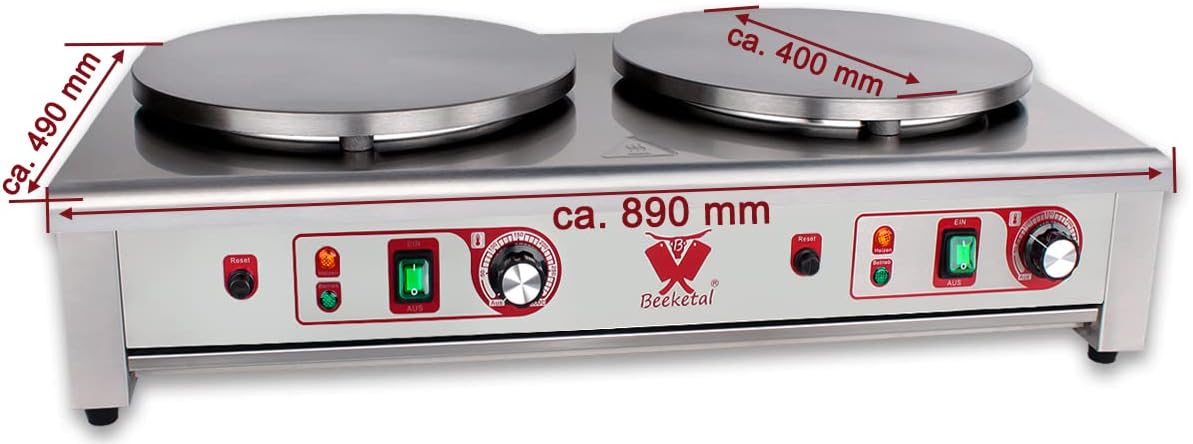 Beeketal 'BC40-2' Gastro Doppel Crepes Maker mit 2x Ø 400 mm Gusseisen Crepesplatten, 50-300 °C einstellbar, Platten separat regelbar, Profi Crepiere im Edelstahl Gehäuse mit extra Schublade