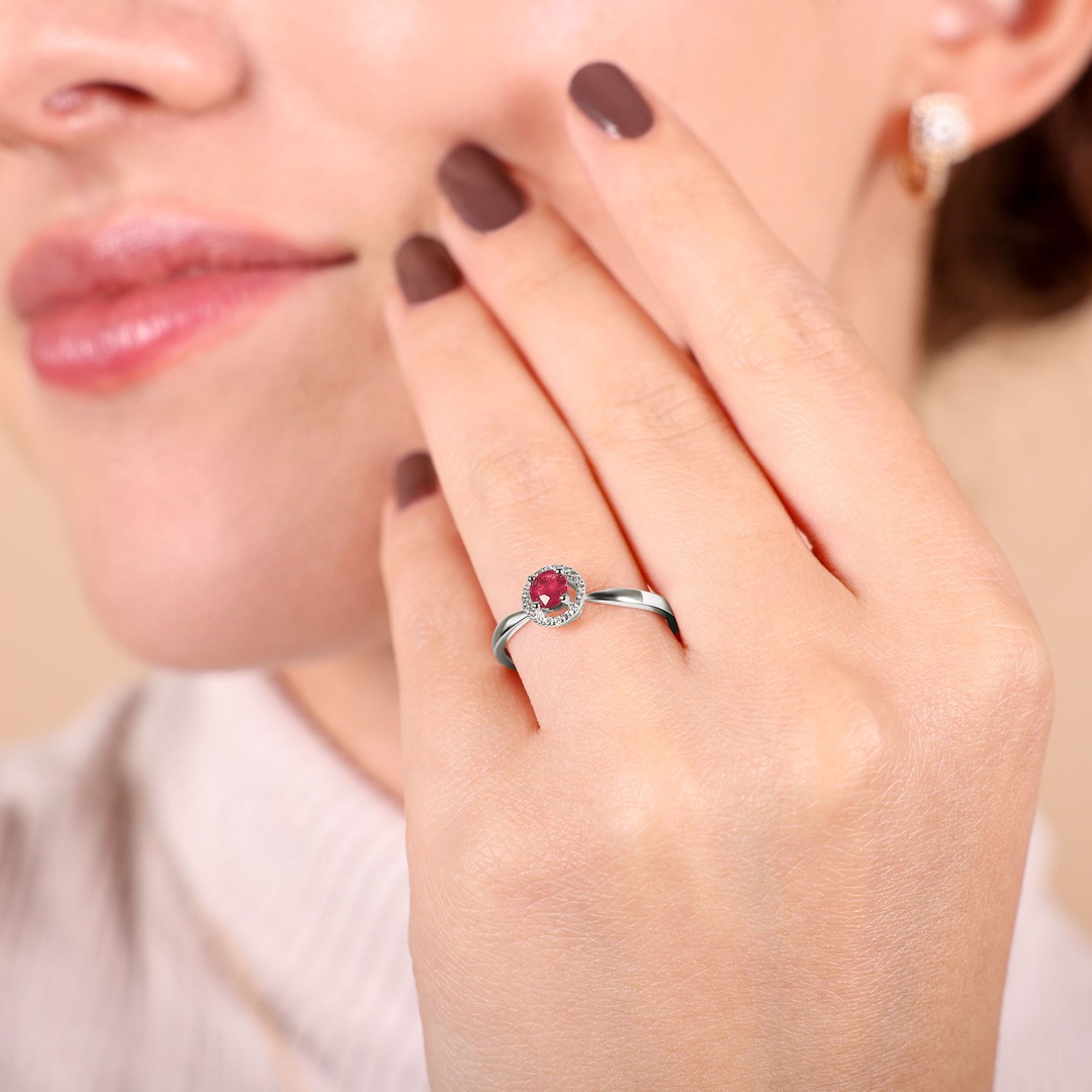 Damenring 750/18 K Weissgold mit Rubin rund & Zirkonia