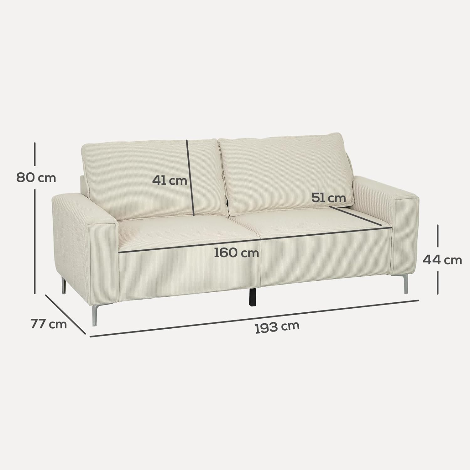 HOMCOM 3-Sitzer Sofa, Couch mit Armlehnen, Rückenkissen, Wohnzimmersofa mit Cordbezug, Federkern, Dick Gepolstert Polstersofa für Wohnzimmer, Schlafzimmer 193 x 77 x 80 cm, Cremeweiß