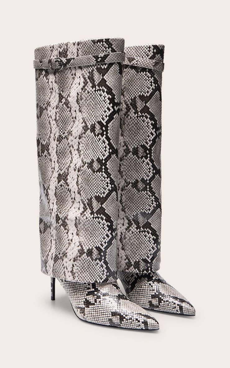 Gris Botte Haute À Talon Effet Synthétique Avec Revers