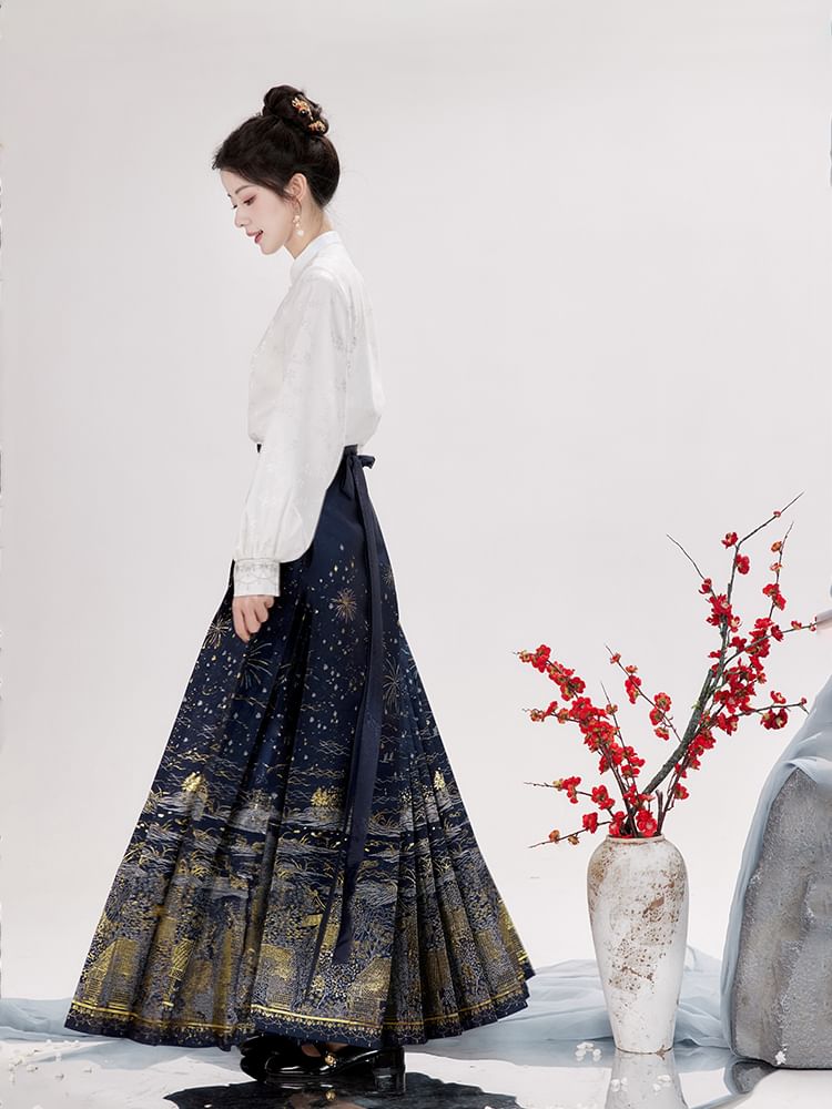 Keiko Girl - Hanfu-top met pofmouwen en bloemenjacquard / geplooide midi-rok met hoge taille en print / set