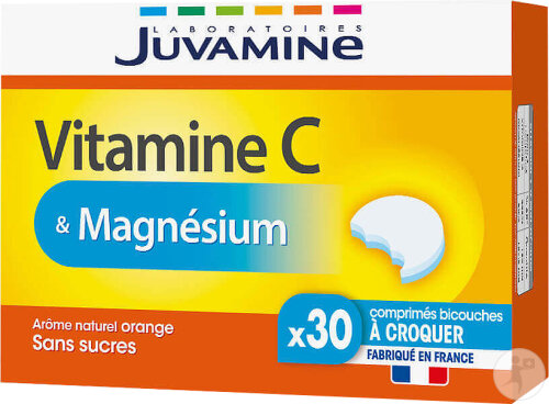 Juvamine Vitamine C Et Magnésium Arôme Naturel Orange Sans Sucres 30 Comprimés Bicouches À Croquer
