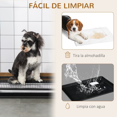 Banheiro para cães PawHut em aço inoxidável com detalhes em madeira marrom escura e preta.