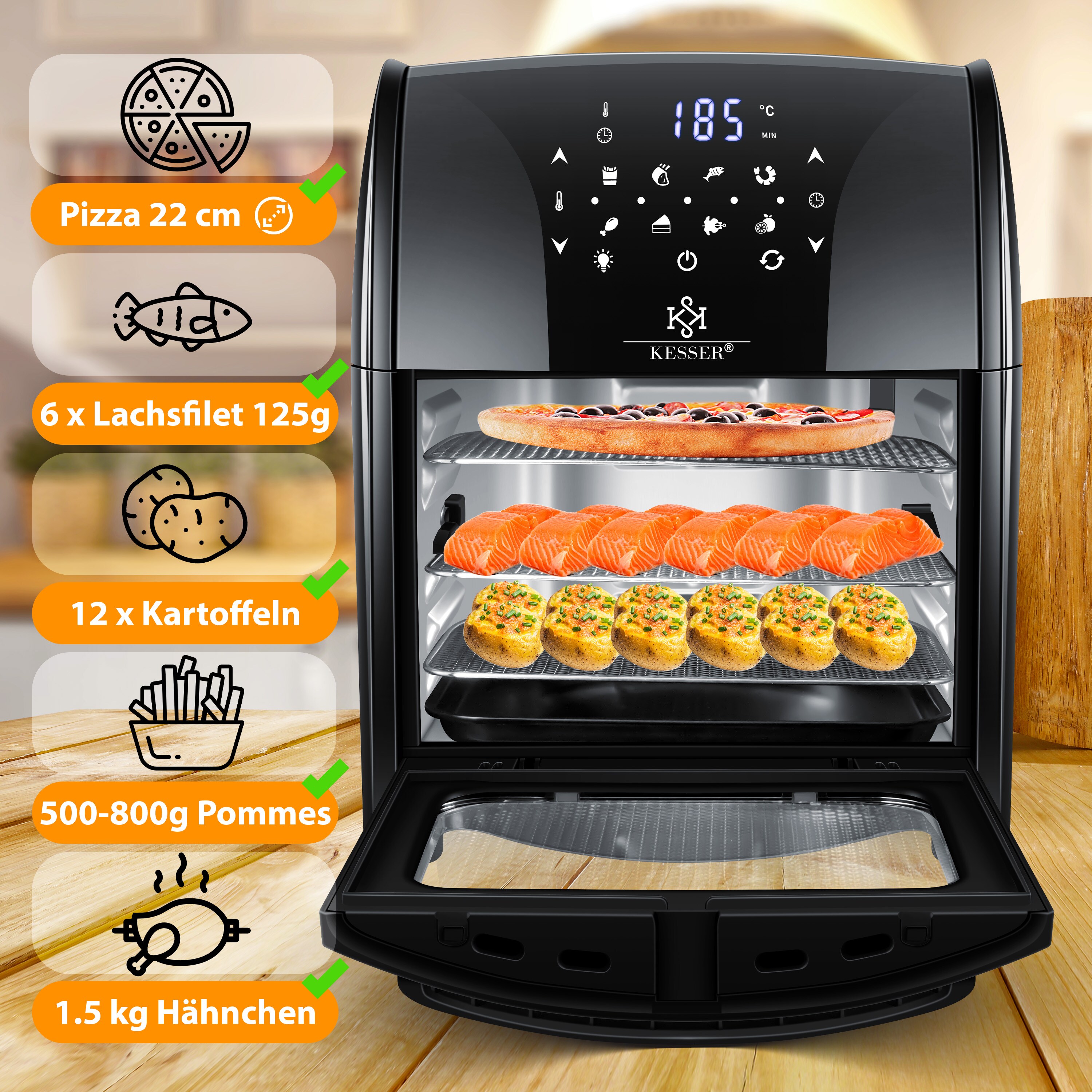 KESSER® XXL Airfryer 9in1 Heißluftfritteuse Fritteuse Drehgrill Mikrowellen Rezeptheft Grillspieß 1800 Watt fettfrei grillen 8 Programme inkl. Zubehör