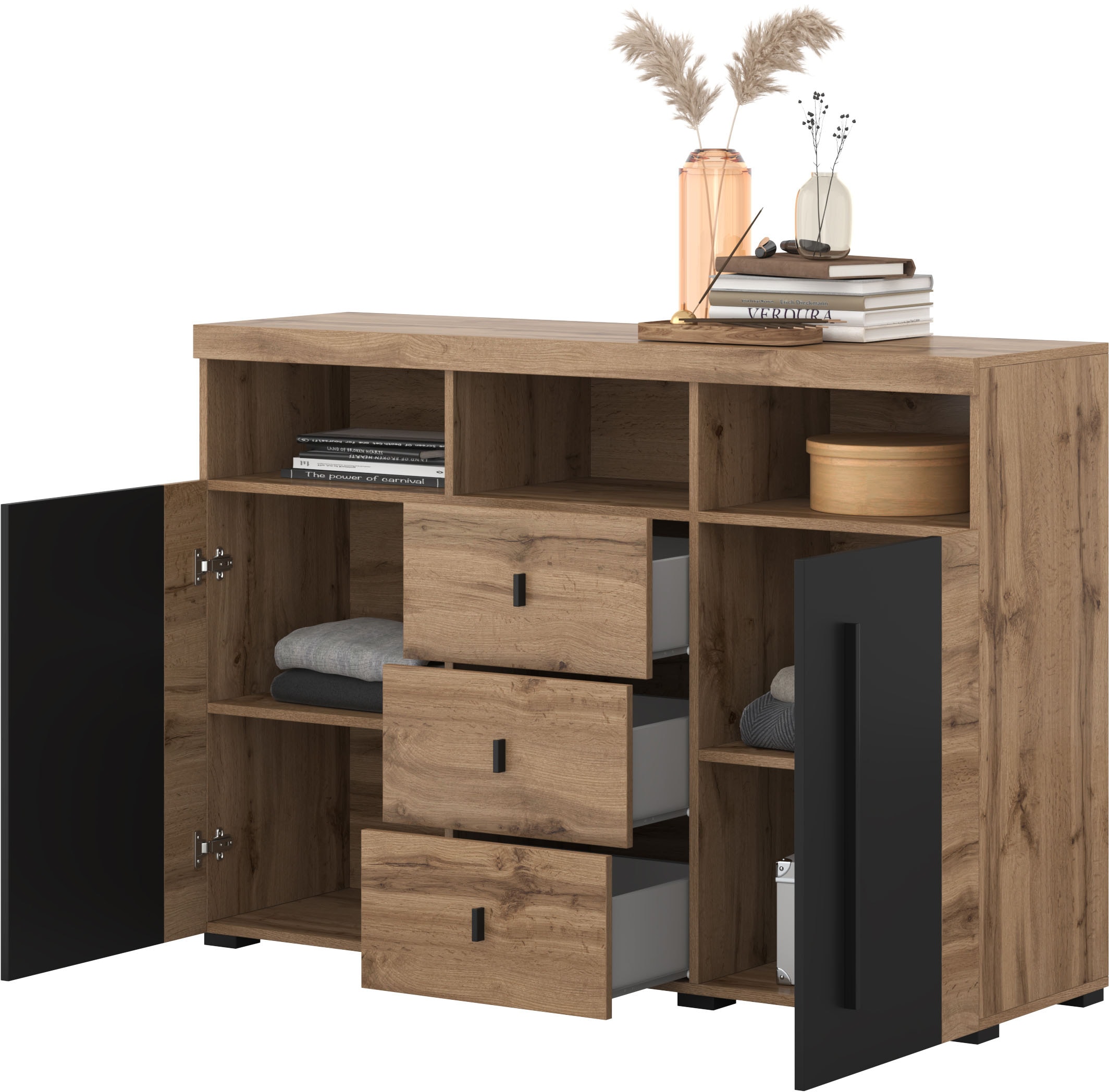 INOSIGN Sideboard »Roger,Breite 132cm, stilvolle Schrank, 2 Holztüren 3 Schubladen« Kommode mit viel Stauraum, Einlegeböden verstellbar