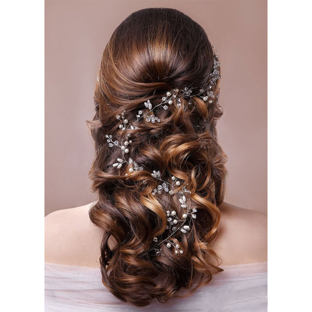 (100cm) Haarschmuck Braut Frisur Kette Strass / Perlen Band - Silber