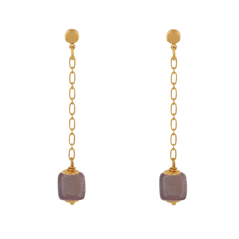 Boucles d'Oreilles Chainette Laiton Doré et Cube en Céramique