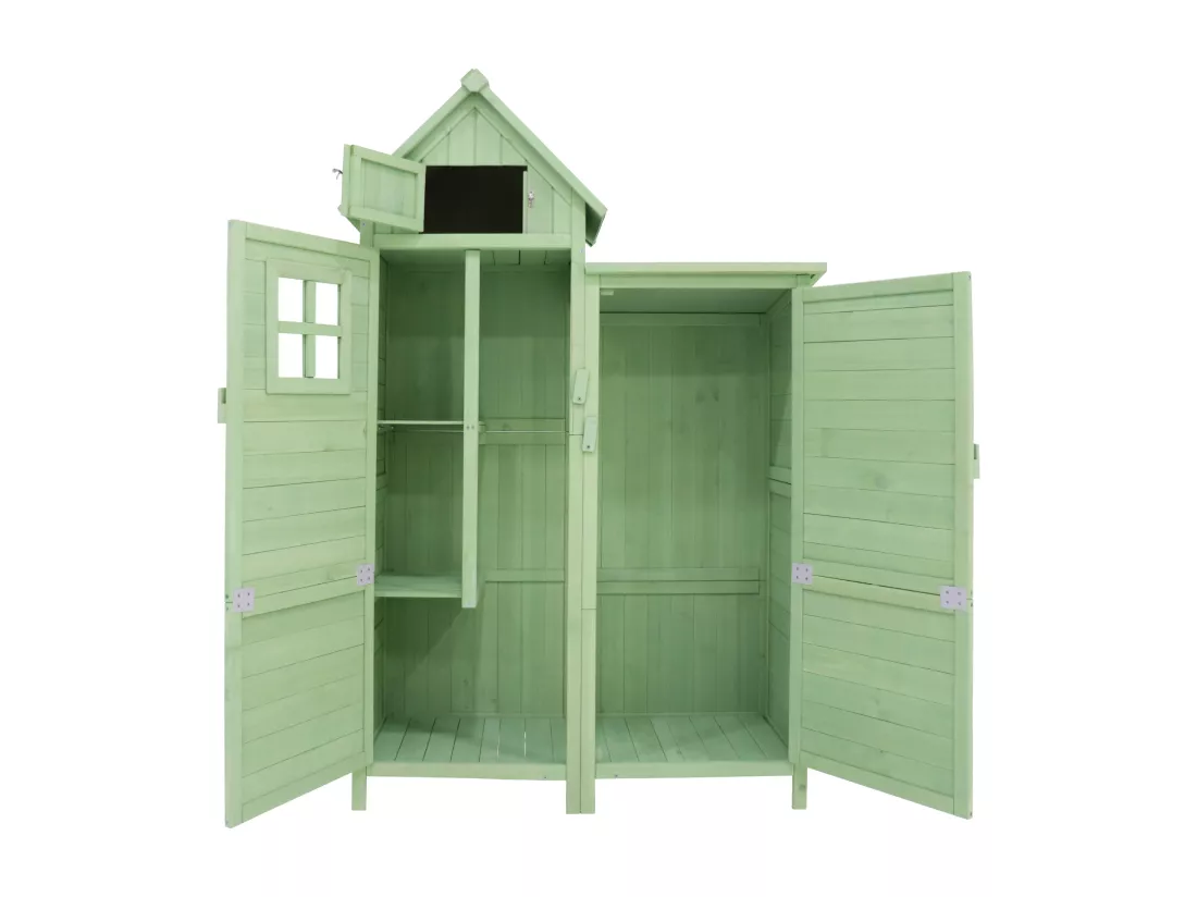 Abri de jardin en bois massif avec toit pente en PVC - 2 étagères 3 portes loquets - L118 x P54 x H173 cm - Vert