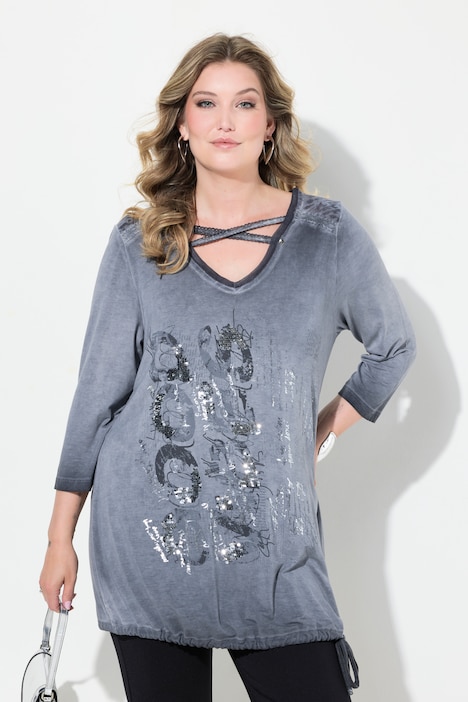 Longshirt, verzierter Druck, Saumknoten