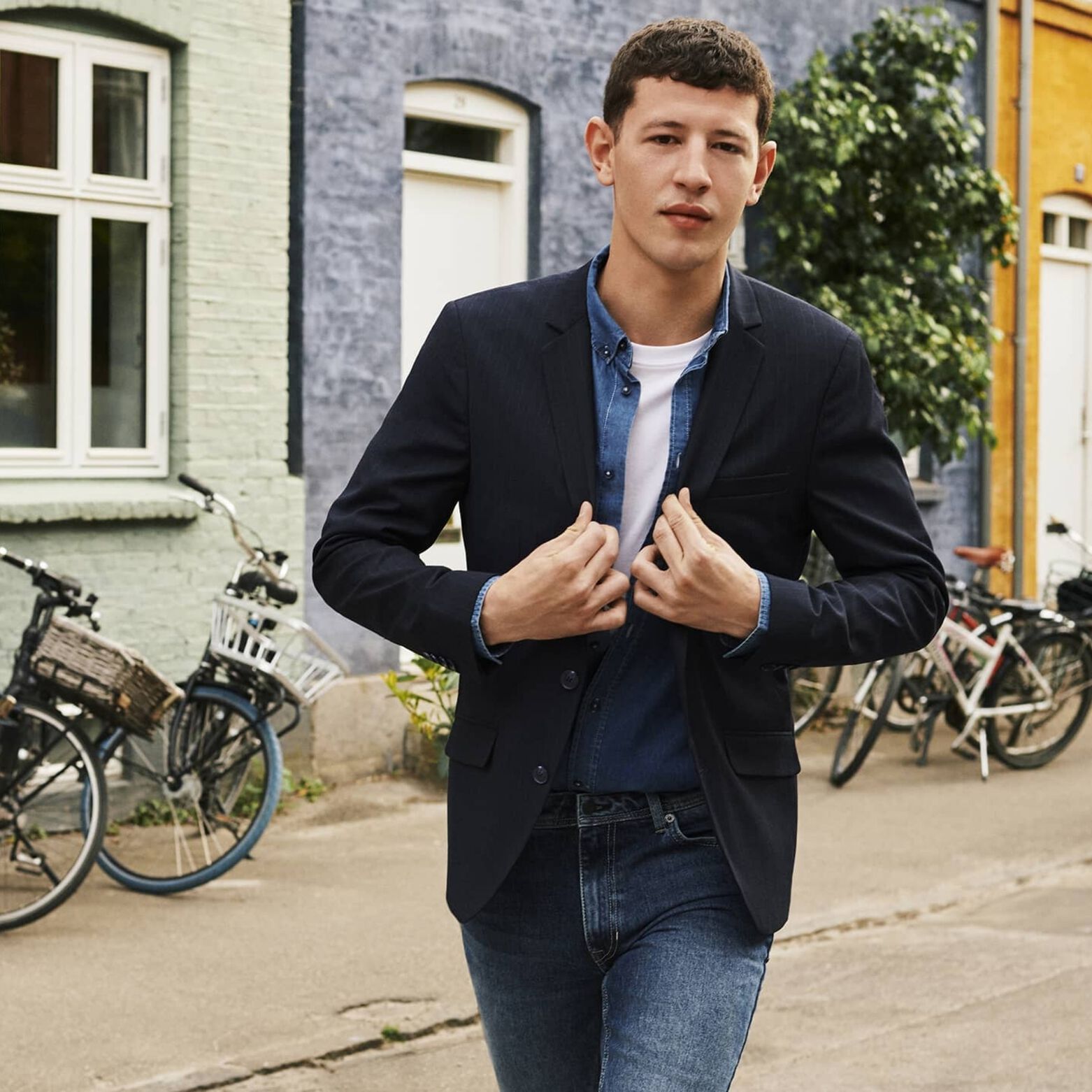 Veste slim à fines rayures Bleu