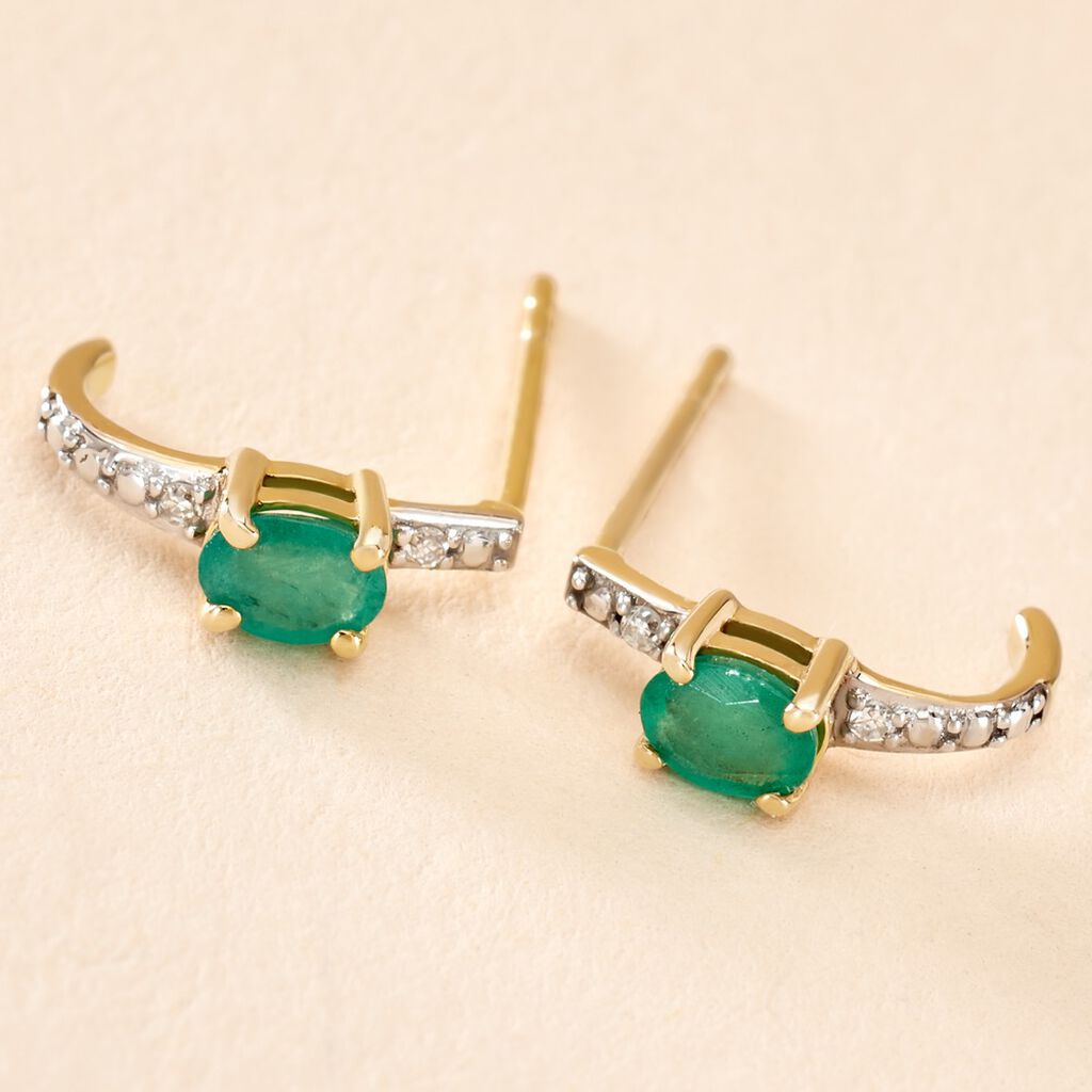 Boucles D'oreilles Puces Barrett Or Jaune Emeraude Diamant