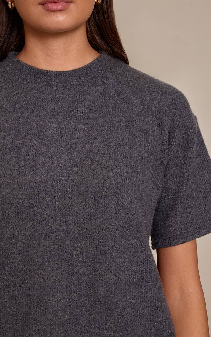 Gris Anthracite T-shirt Ample En Maille Côtelée De Laine