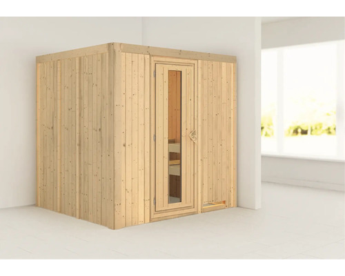 Karibu Sodina modulaire sauna zonder oven en dakrand, met houten deur en geïsoleerd glas.