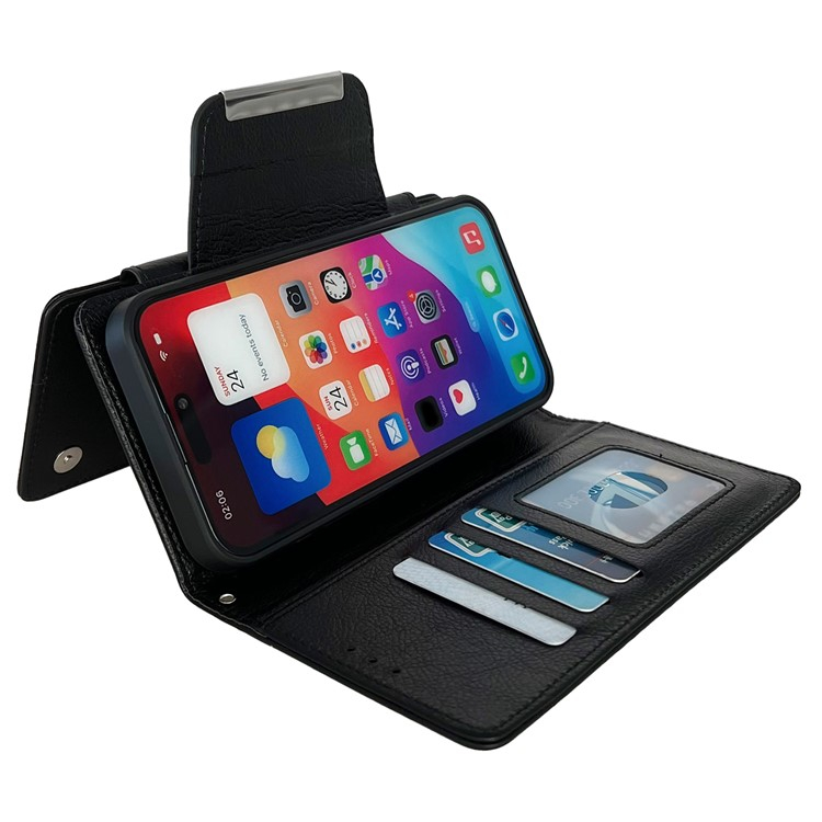 iPhone 16 2in1 Leder Tasche mit 7 Kartenfächern   Münzfach   Magnetische Schutzhülle - Schwarz