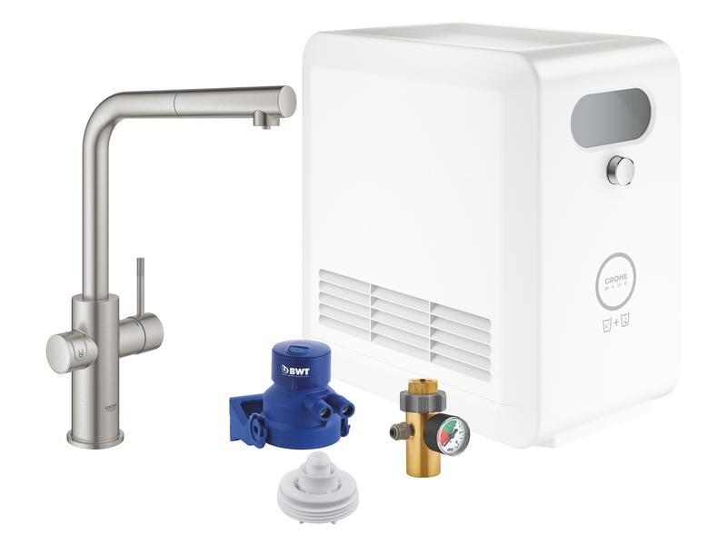 GROHE Küchenarmatur Blue Professional L-Auslauf Set Superst Einhand-Spültischbatterie mit Filterfunktion und herausziehbarem Mousseurauslauf