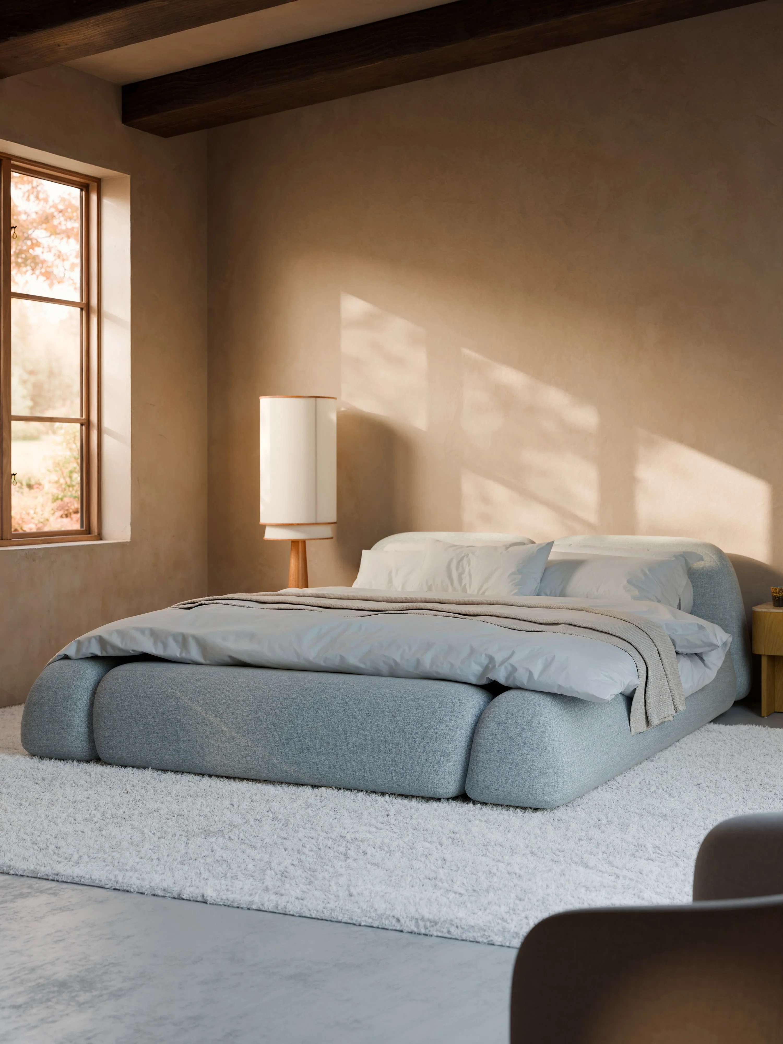 Bouclé gestoffeerd bed Wolke met opbergruimte