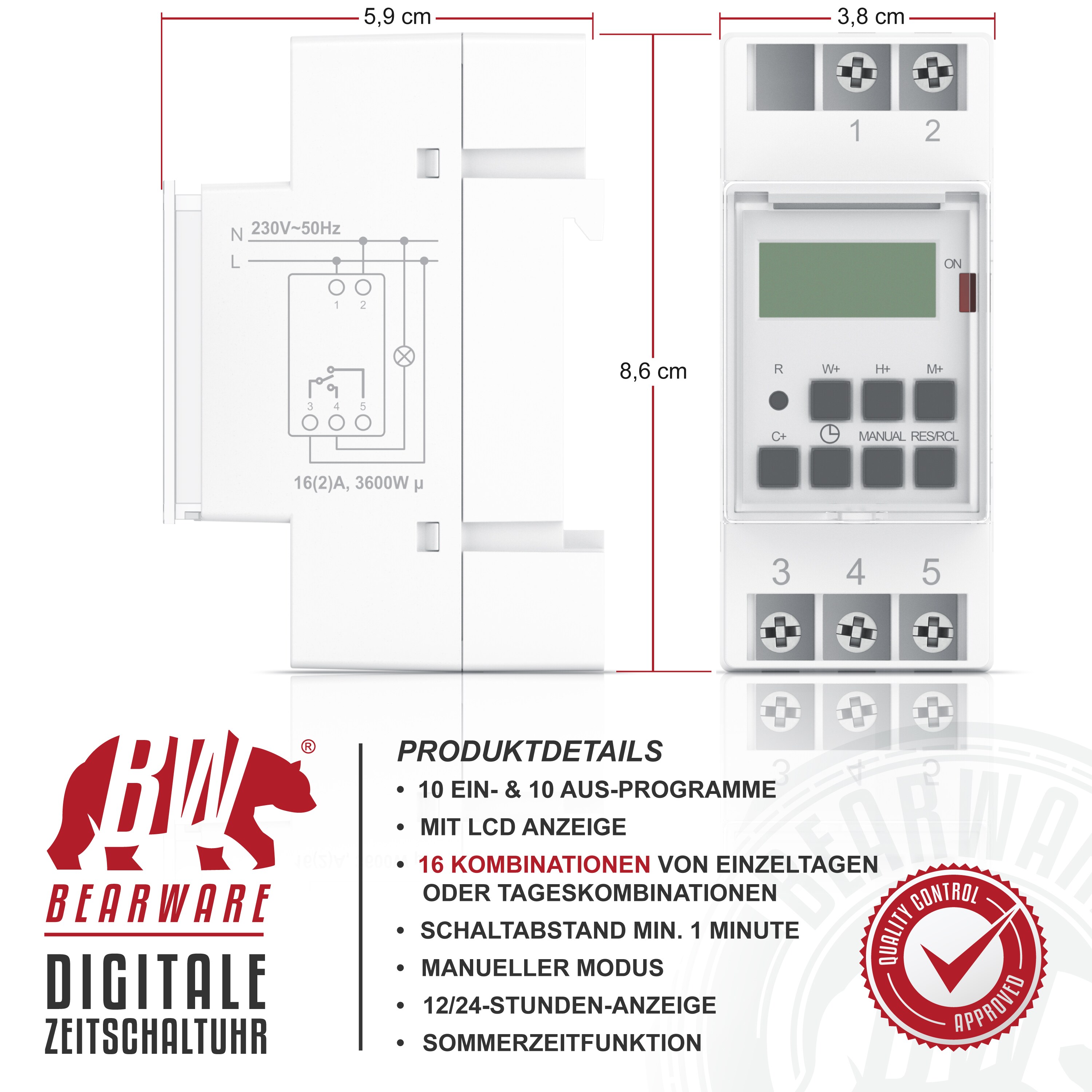BEARWARE Zeitschaltuhr digital - für DIN Hutschienen im Verteilerschrank Schalttafeln - 2 Klemmen Input, 3 Klemmen Output - 16A/3680W