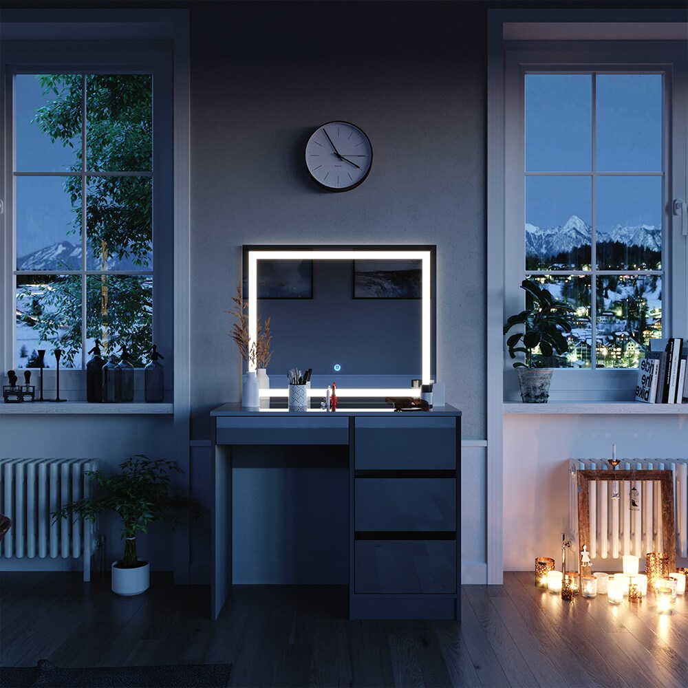 Vicco Schminktisch Sherry Grau Hochglanz 90 x 75 cm LED-Spiegel, Frisiertisch