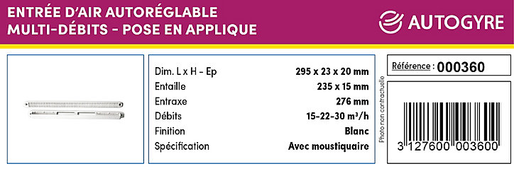 Entrée d'air avec moustiquaire multi débit Autogyre blanche 29,5 cm
