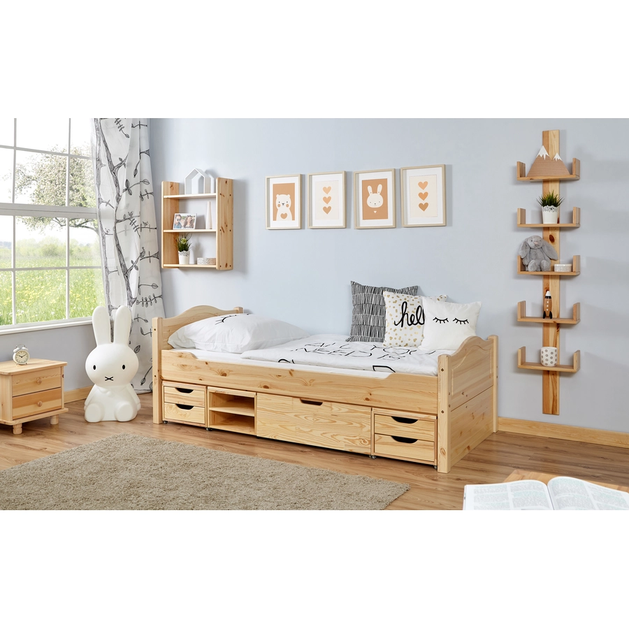 TiCAA Einzelbett Leni 90 x 200 cm Kiefer natur mit 4 Funktionsschubladen