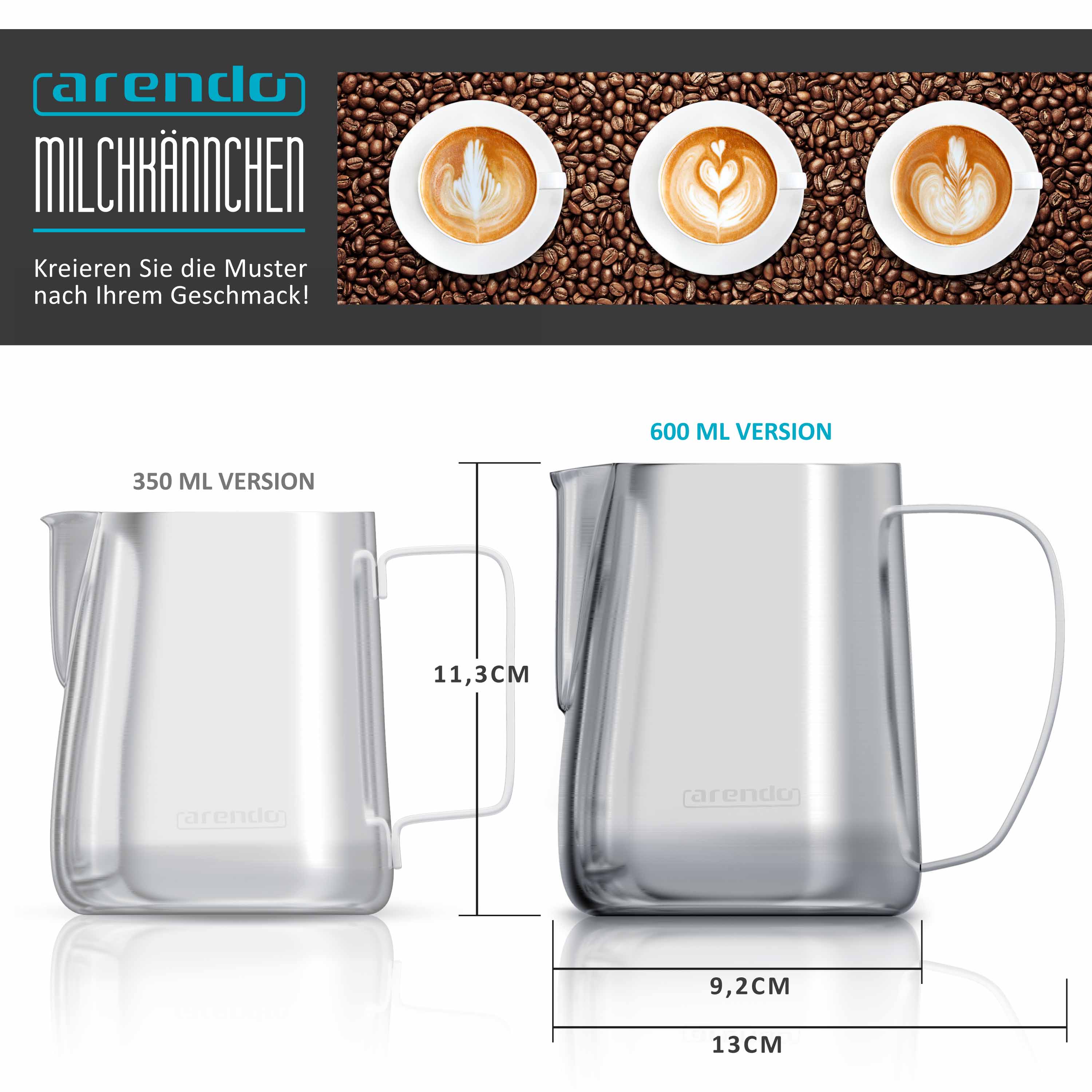Arendo Edelstahl Milchkännchen mit Messskala - Milchkanne zum Aufschäumen von Milchschaum