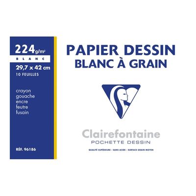 Clairefontaine Dessin à Grain - Pochette papier à dessin - 10 feuilles - A3 - 224 gr - blanc
