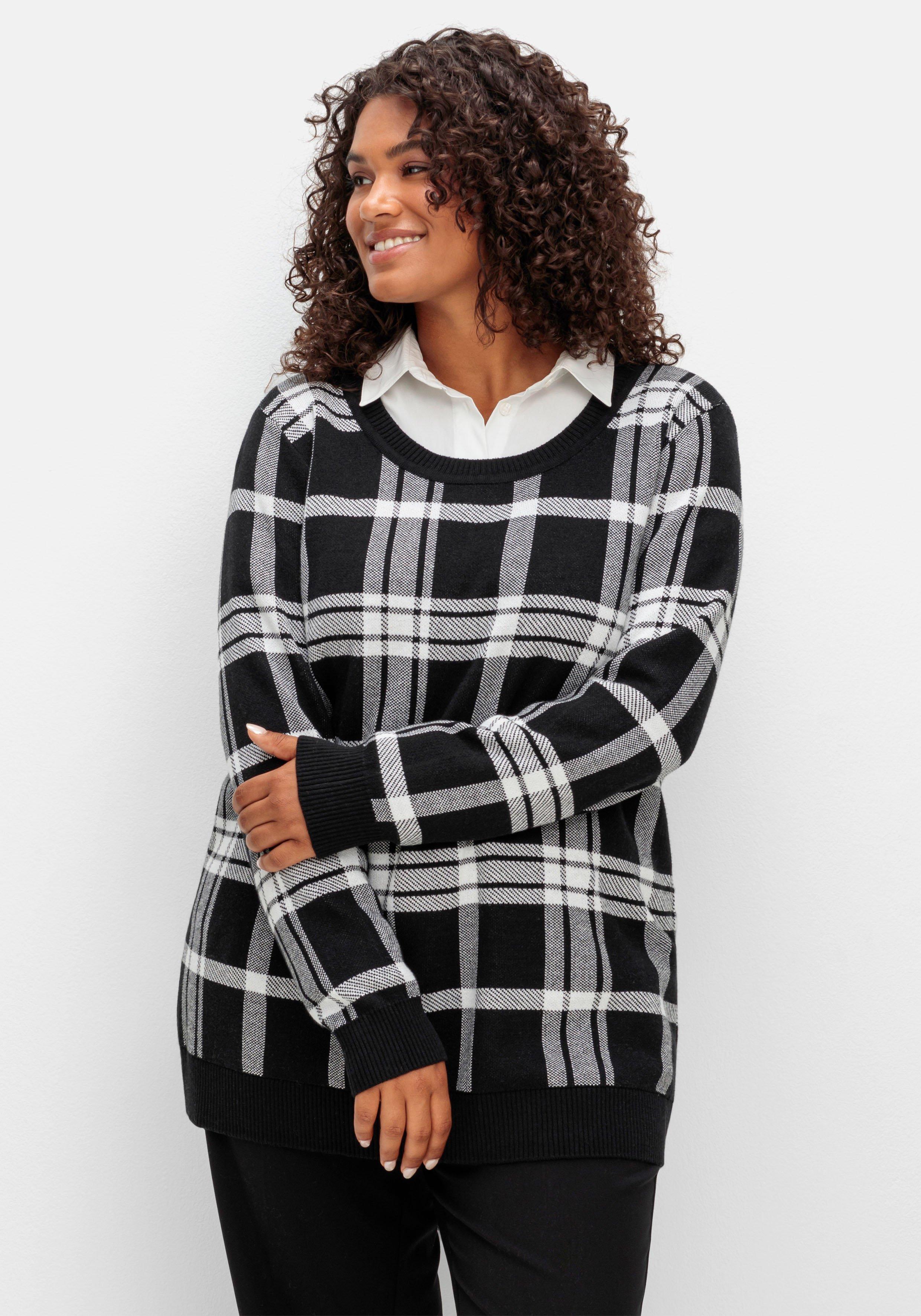 Karierter Pullover mit Rundhals und Kontrastbündchen