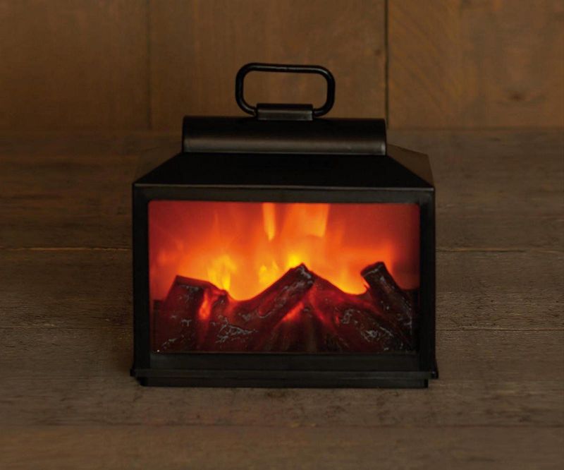Sfeerhaard/open haard lantaarn zwart met led verlichting L18 x B9 x H16 cm - Woondecoratie/kerstversiering verlichting
