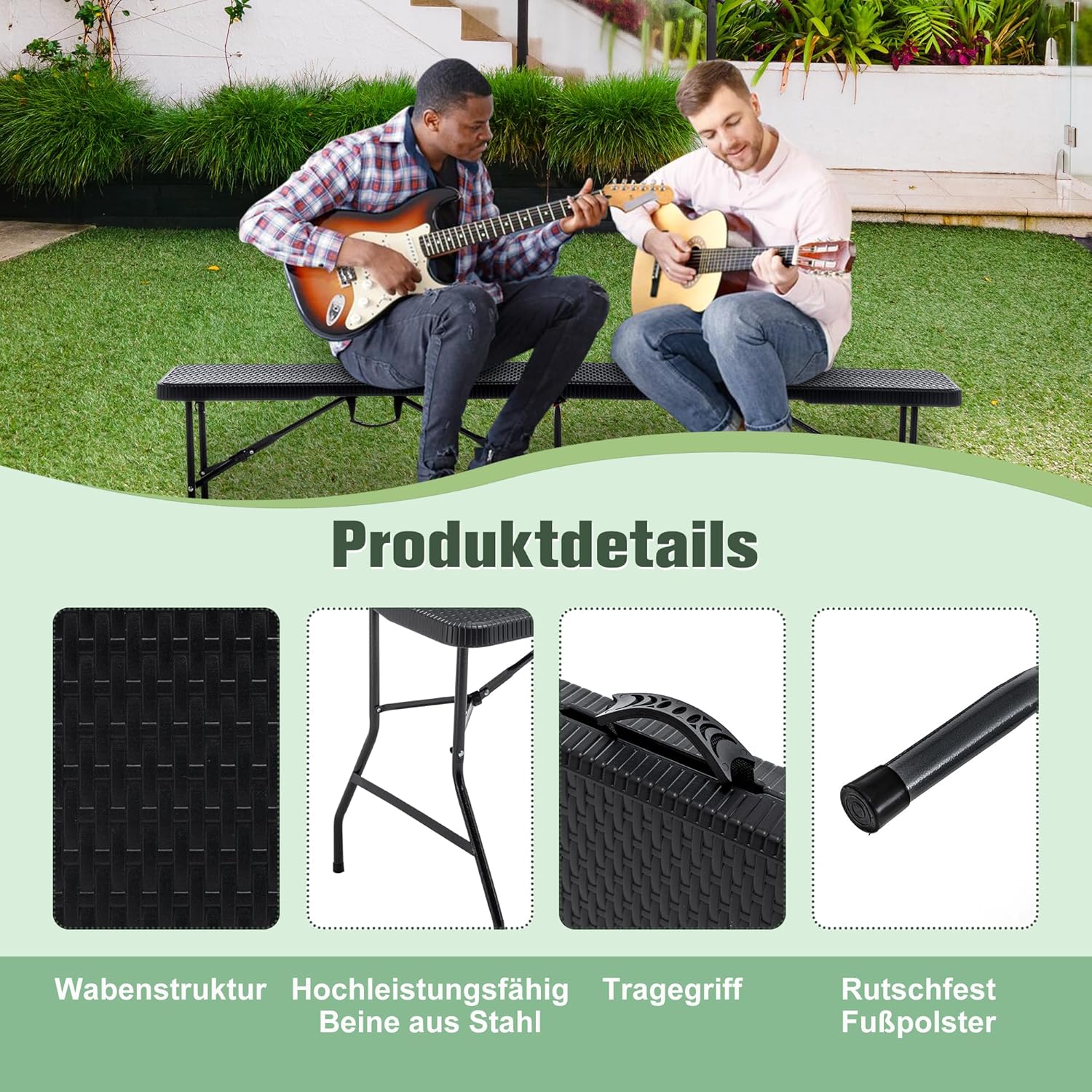 Buffettisch Gartentisch Bierzeltgarnitur Tisch, klappbar 3-teilig Set, 180x70 cm Kunststoff Campingtisch, Rattan-Look für bis zu 8 Personen, robuste wetterfest Biertisch Set, Anthrazit