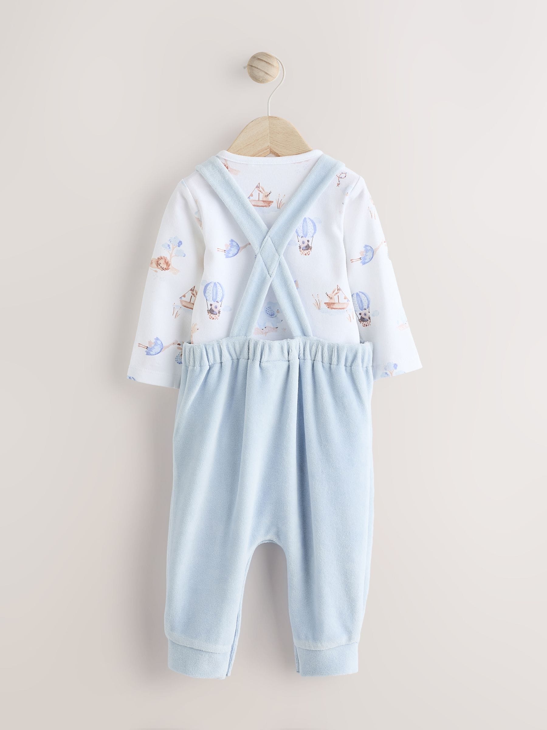Blauw met olifantenprint - Baby Velour Dungarees and Bodysuit Set (0mths-3yrs)