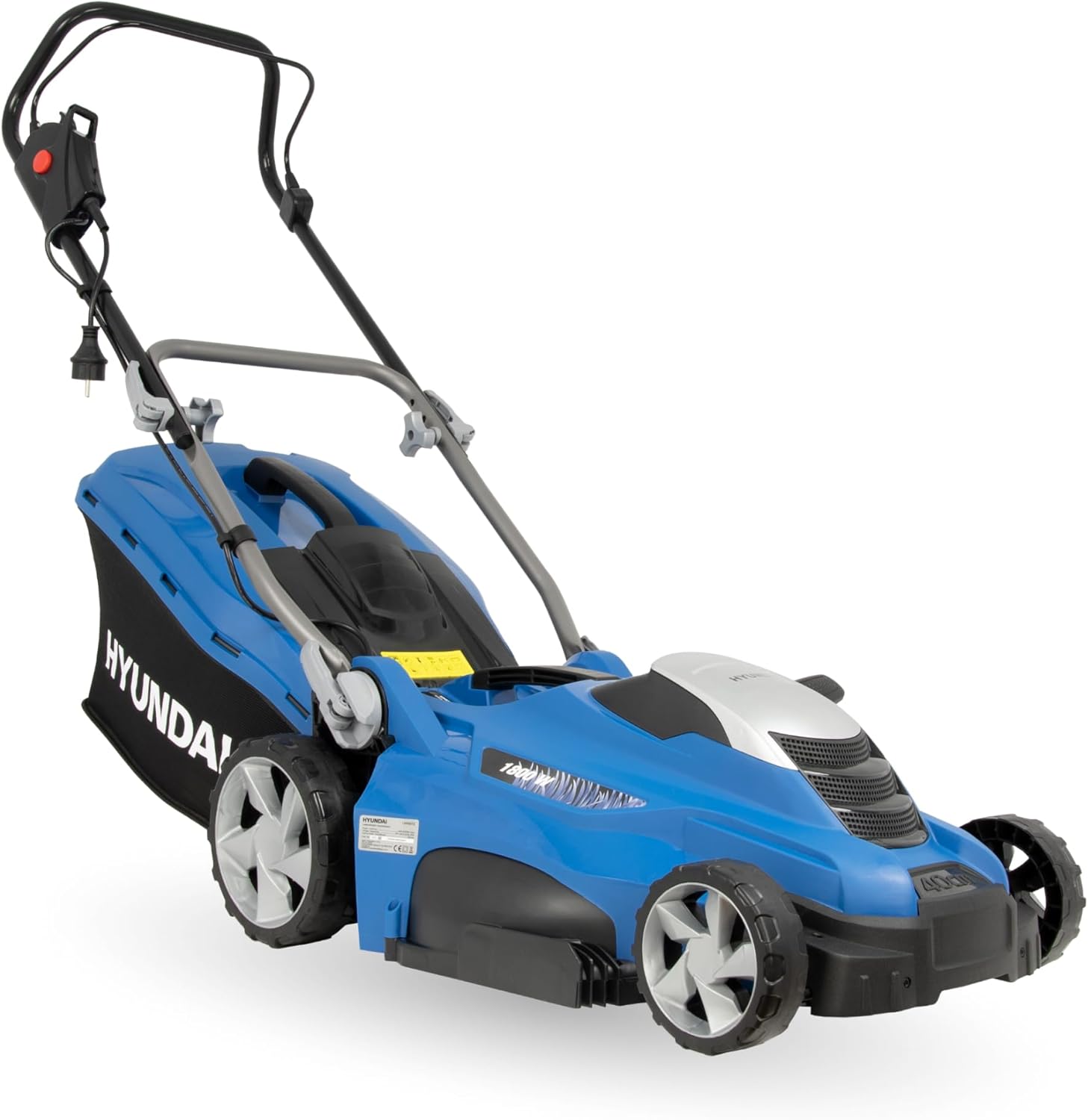 HYUNDAI Elektro-Rasenmäher LM4001E mit Mulchfunktion, Elektromäher, Mulcher, Mäher (40cm, 1800W, 50L Korb, 5-fache zentrale Höhenverstellung)