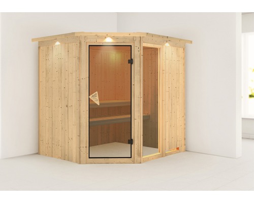 Karibu Siona 2 modulaire sauna zonder oven, met dakkroon en gebronsde volledig glazen deur