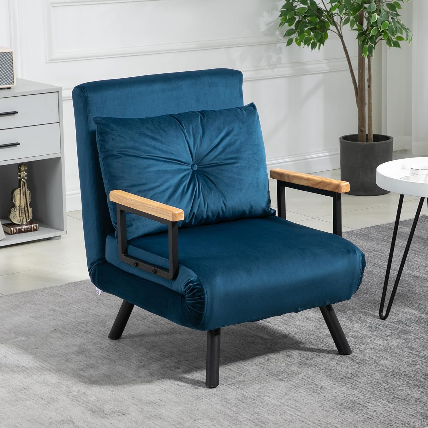 HOMCOM Schlafsessel 4 in 1 Sessel mit Schlaffunktion, 183 x 63 cm Klappbar Schlafsessel mit 5-stufig Verstellbarer Rückenlehne, Lendenkissen und Samtoptik für Wohnzimmer, Blau