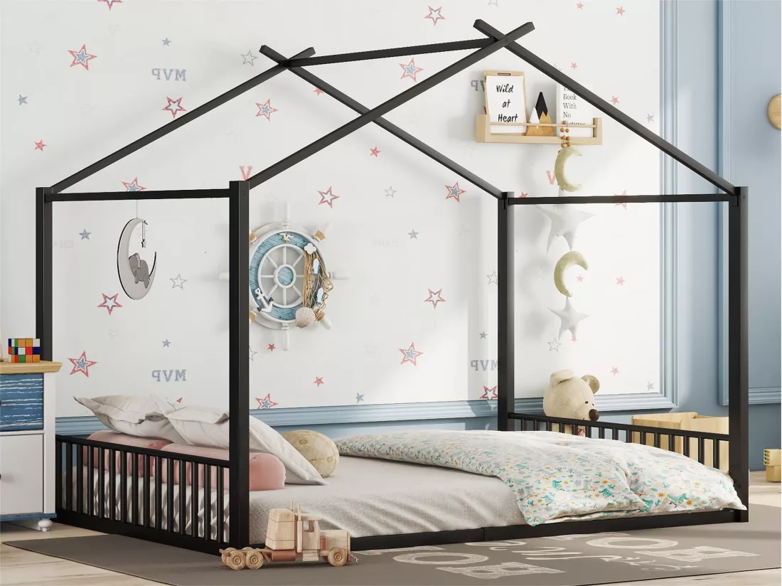 Lit cabane 140x200 cm - cadre en fer - Noir