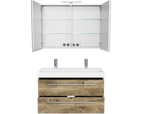 Badkamermeubelset Pelipal Milano (B x H x D): 100 x 200 x 45 cm, fronten van Ribbeck-eikenhout, met dubbele wastafel van wit gegoten mineraal (SET-138-045)