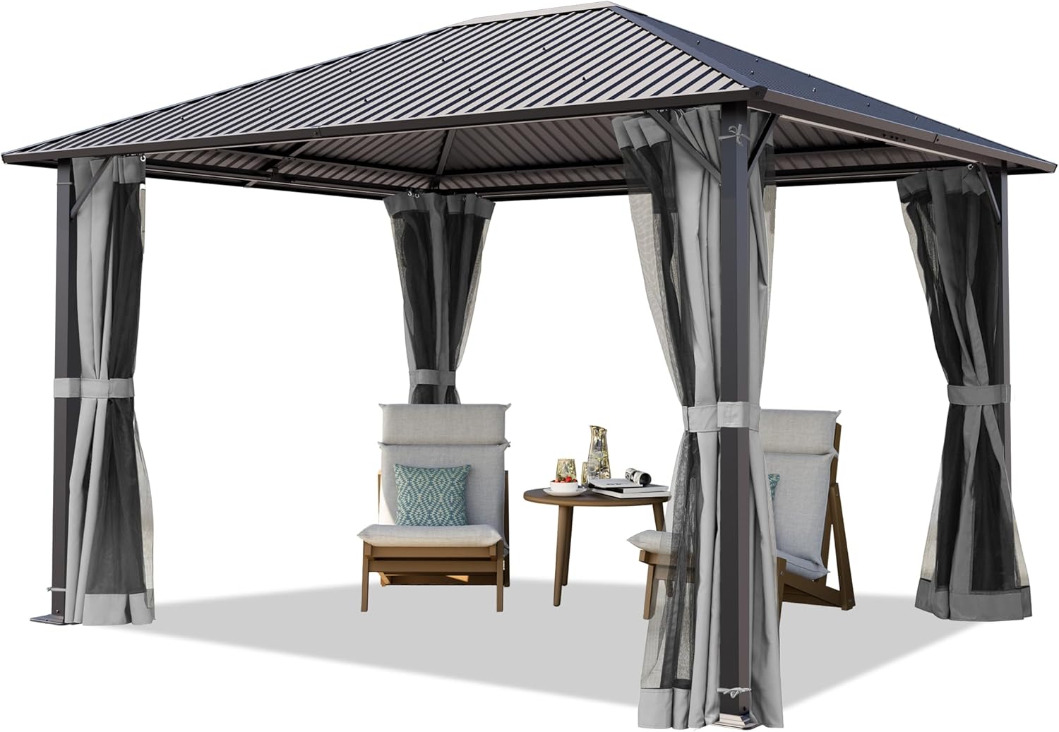TOOLPORT Gartenpavillon 3x3,65 m mit Stahldach - Hardtop Pavillon mit 4 Seitenteilen und Moskitonetzen in Grau
