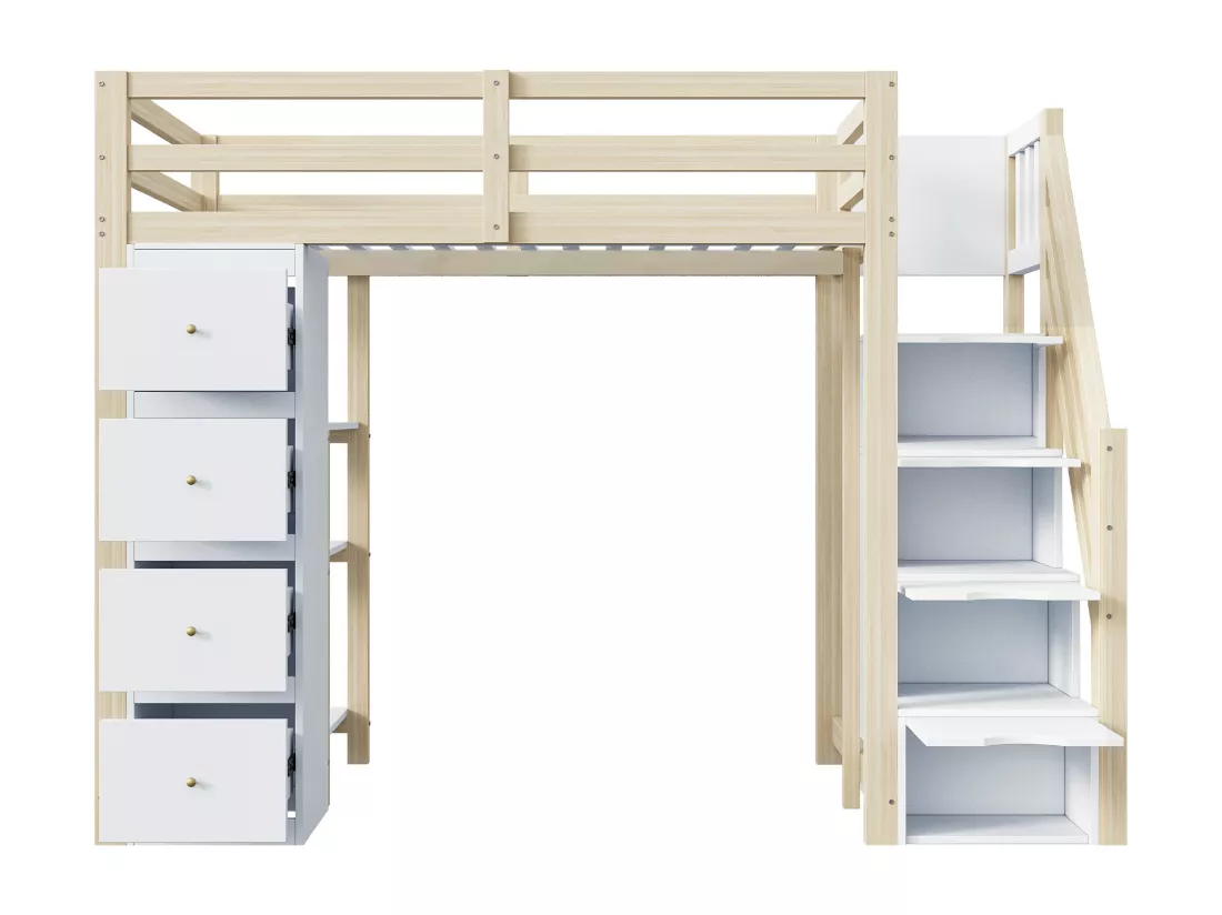 Lit mezzanine 90x200cm en bois massif - avec 4 tiroirs et escalier de rangement - Naturel (matelas non inclus)