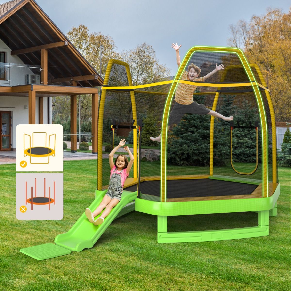 Trampoline Extérieur Ø 223cm avec Toboggan&Echelle avec Filet de Sécurité 2 Portes en U Charge 270kg pour 2-3 Enfants de 3 Ans+ Bleu/Vert - Lidl-Manfred