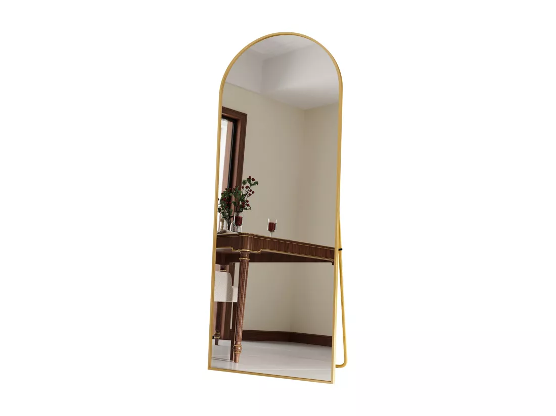 Miroir pleine longueur 165 x 60 cm, sur pied, suspendu ou appuyé, grand miroir de sol avec cadre en alliage d'aluminium doré pour salon ou chambre à coucher, Arc