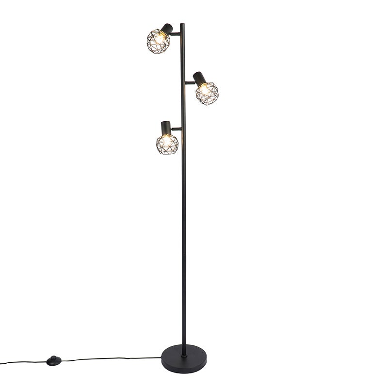 QAZQA - Moderne design vloerlamp | Staande lamp | Vloerlamp | Lamp, zwart, 3-lichts verstelbaar - Mesh | Woonkamer | Slaapkamer - Staal, langwerpig - LED-compatibel, E14