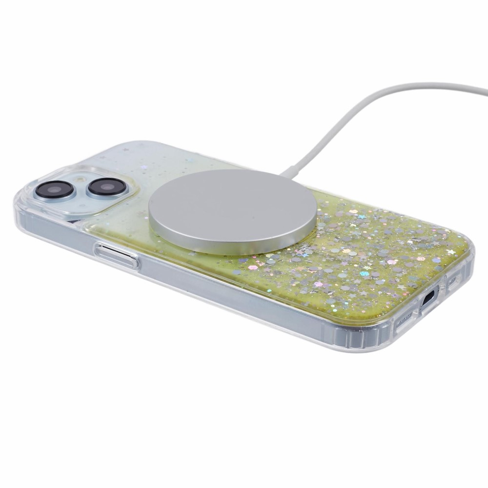 iPhone 13 MagSafe Hülle mit Acryl Rückseite und Farbverlauf im Glitzer Design - Gelb