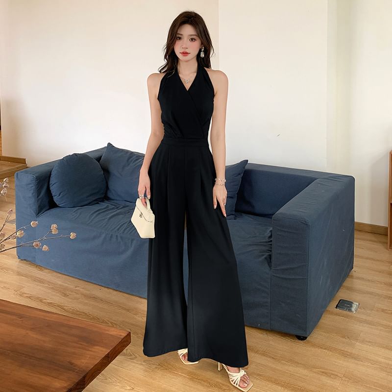 Aurora - Halternek Effen Jumpsuit met Wijde Pijpen