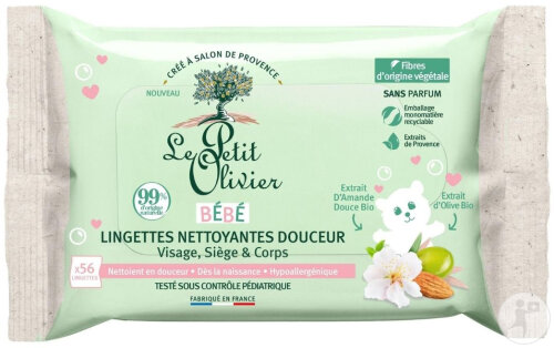 Le Petit Olivier Lingettes Nettoyantes Douceur Visage/Siège/Corps 56 Pièces