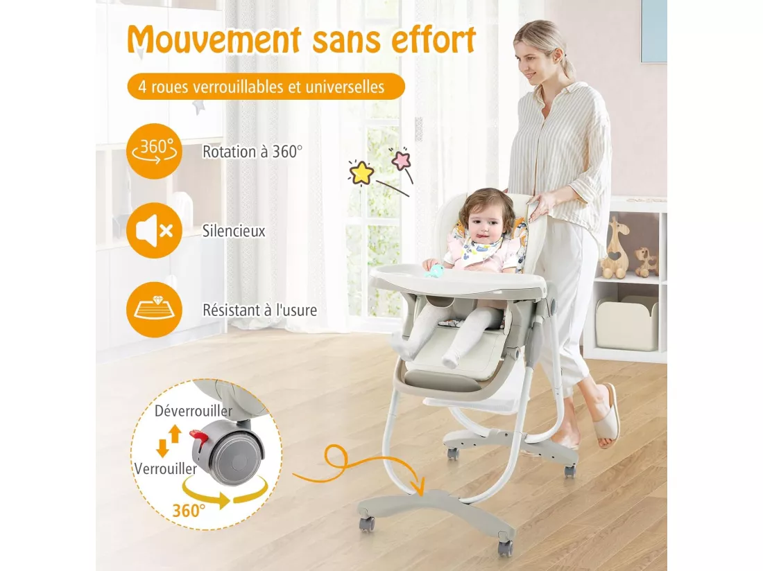 Chaise Haute Bébé Convertible, Chaise Portable pour Tout-Petits avec Double Plateau, Siège Enfant avec Hauteur/Dossier/Repose-Pieds Réglables, Roue Verrouillable, de 6 à 36 Mois (Blanc)