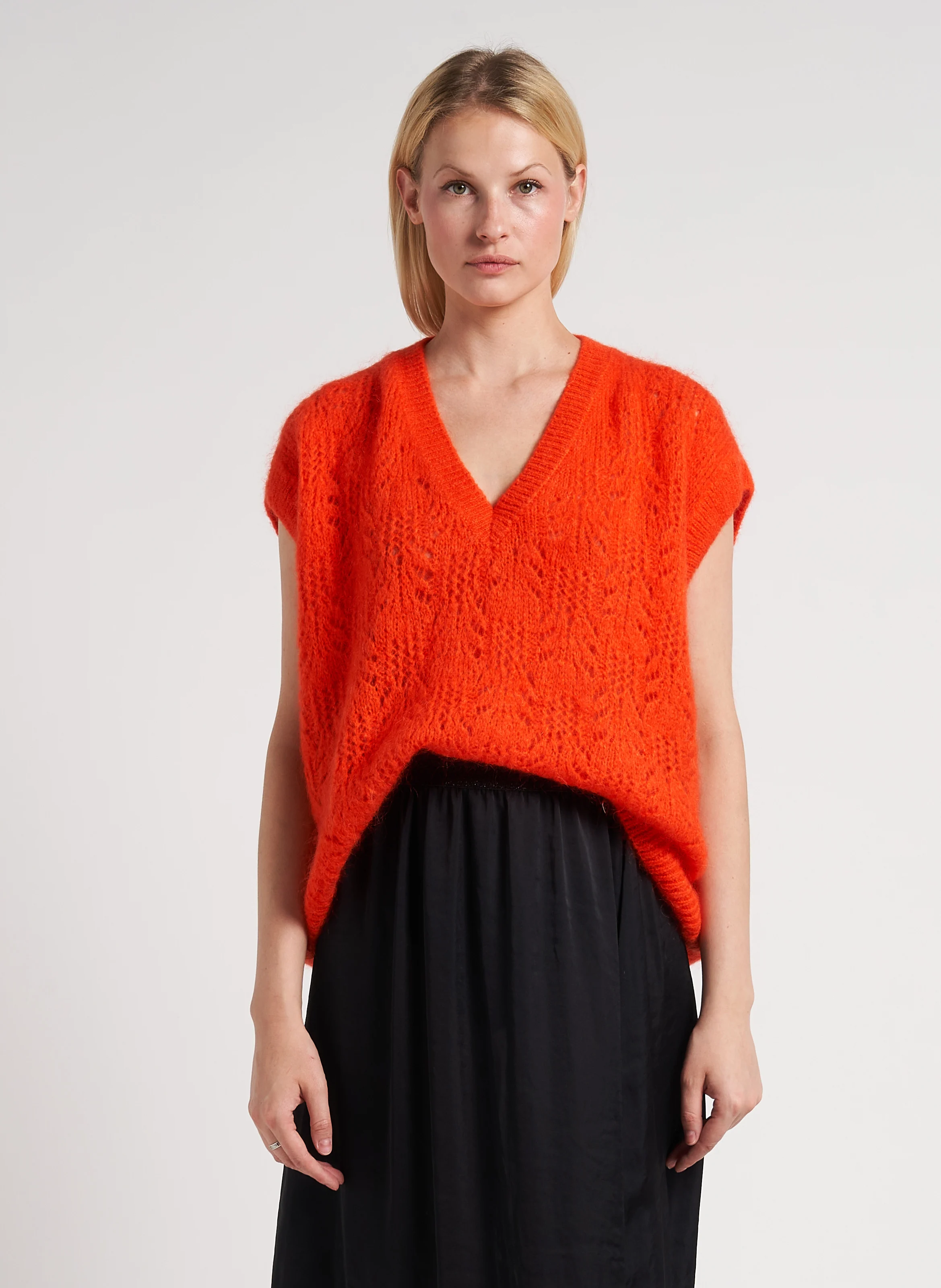 Pull col V en maille ajouré | Orange