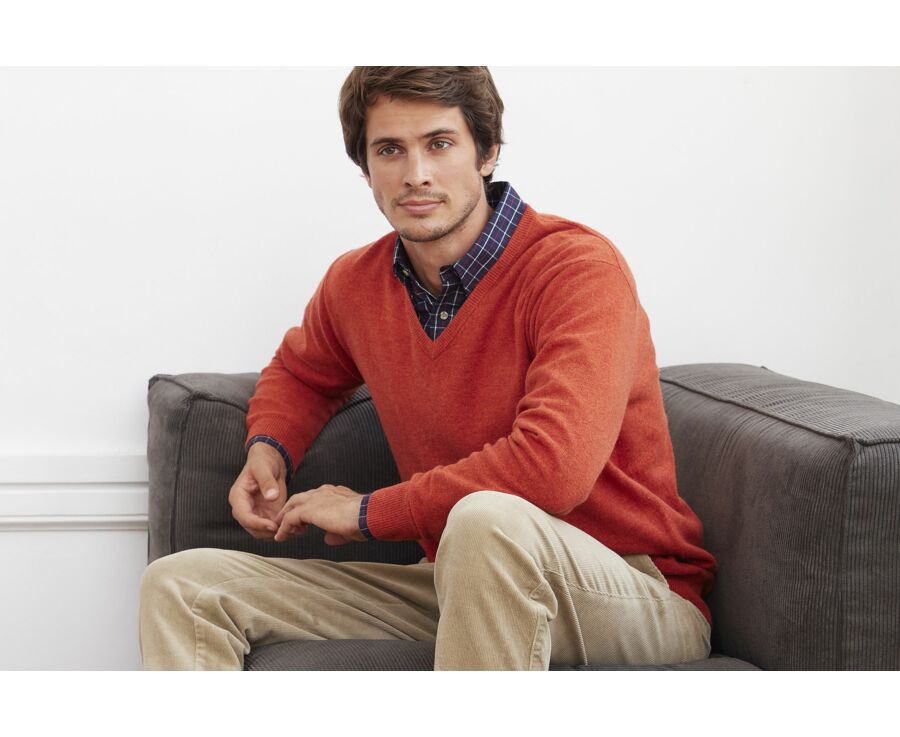 Pull col V homme laine Rouge Ambre - ELIAN