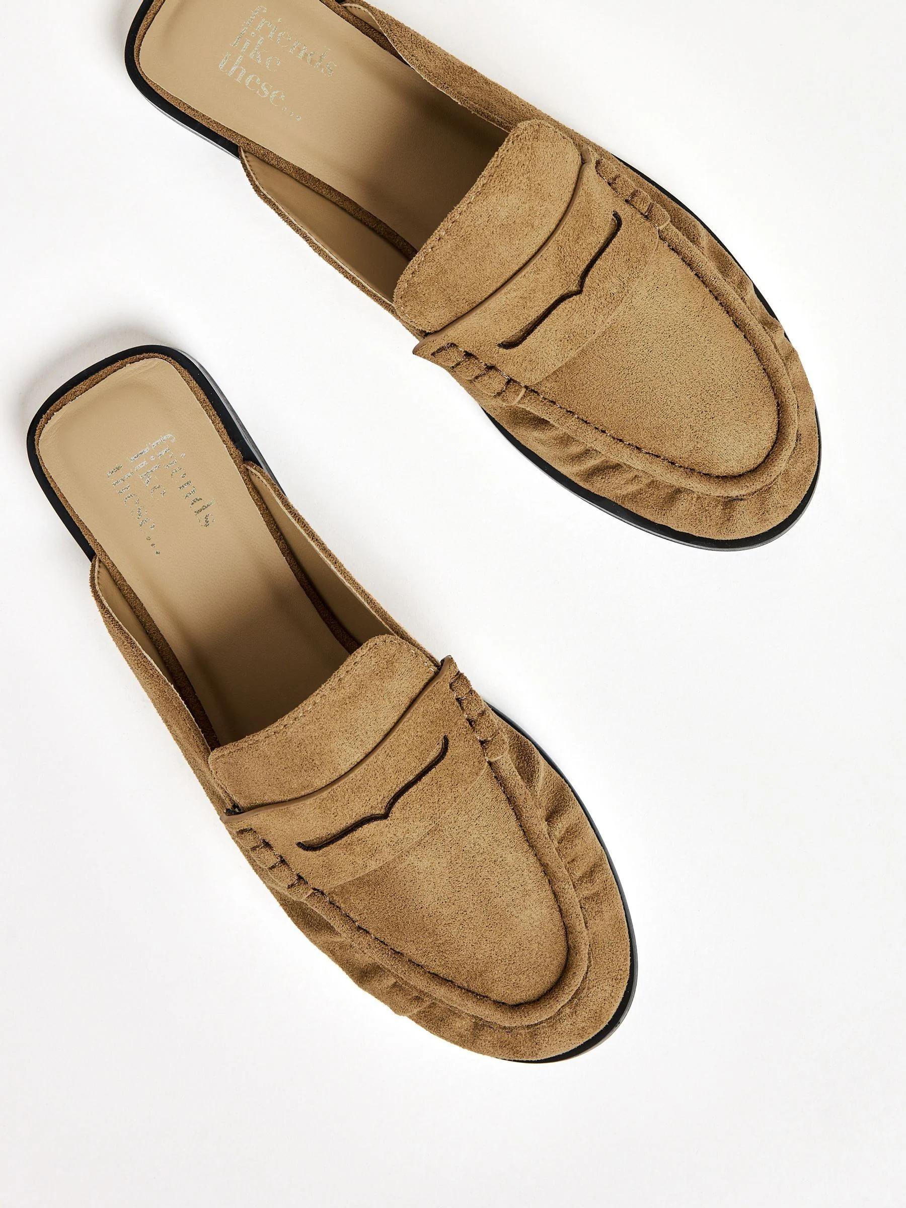 Taupe - Friends Like These Comfort Ruched Faux Suede Mule Loafer Shoes