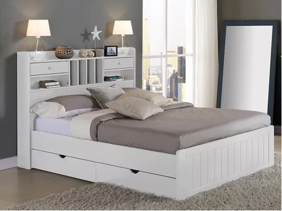 Lit avec rangements 140 x 190 cm - Pin - Blanc + Sommier - MEDERICK