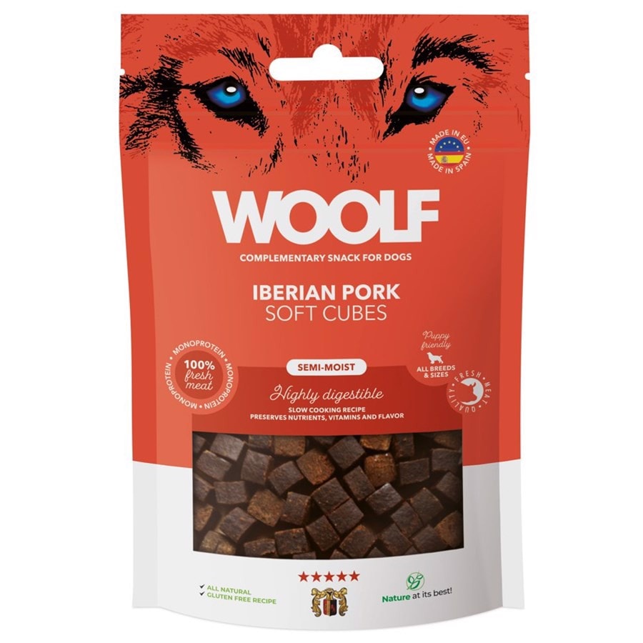 Woolf Soft Cubes Iberian Pork 100g<br>Naturlig og proteinrik! Zip-lås pose