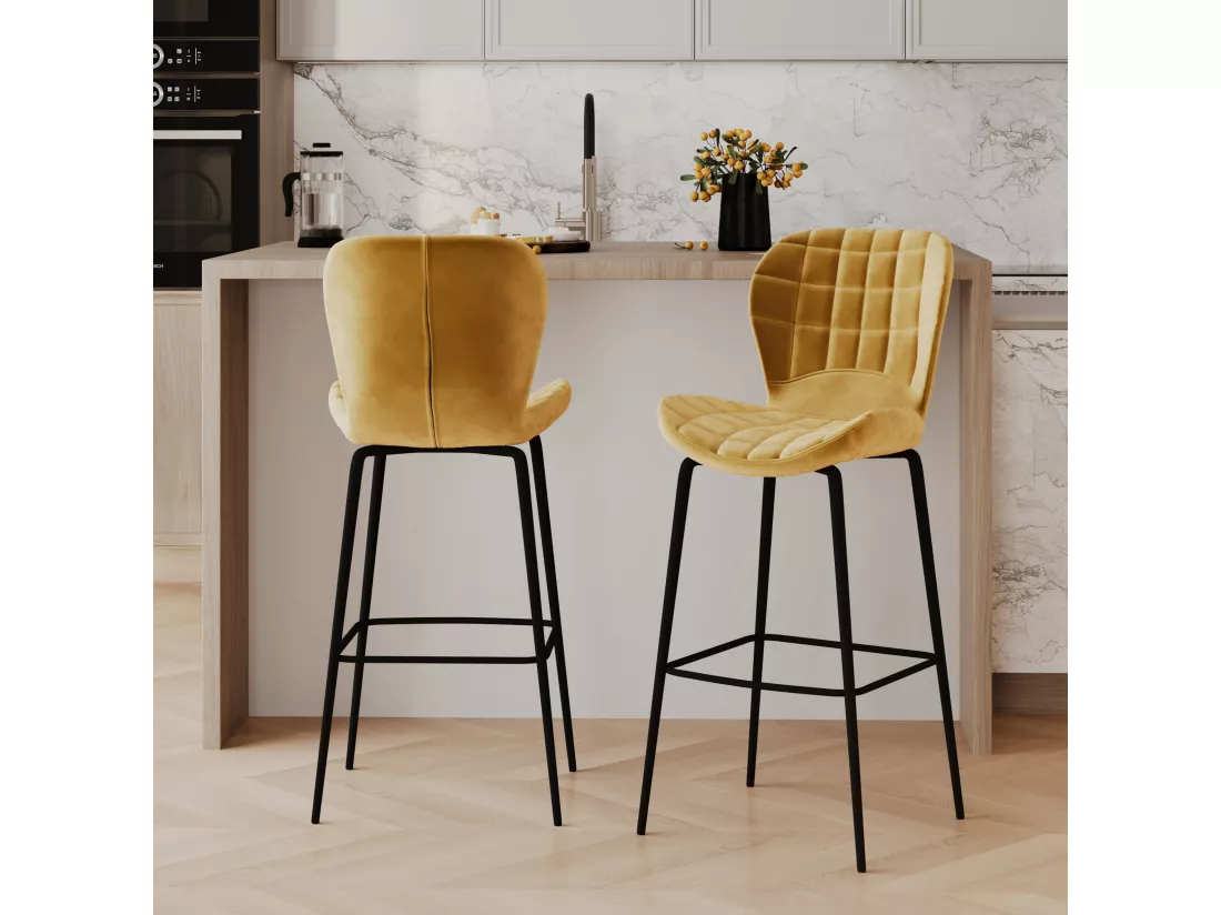 Lot de 2 chaises de bar en velours jaune curry 75 cm - Mazzia